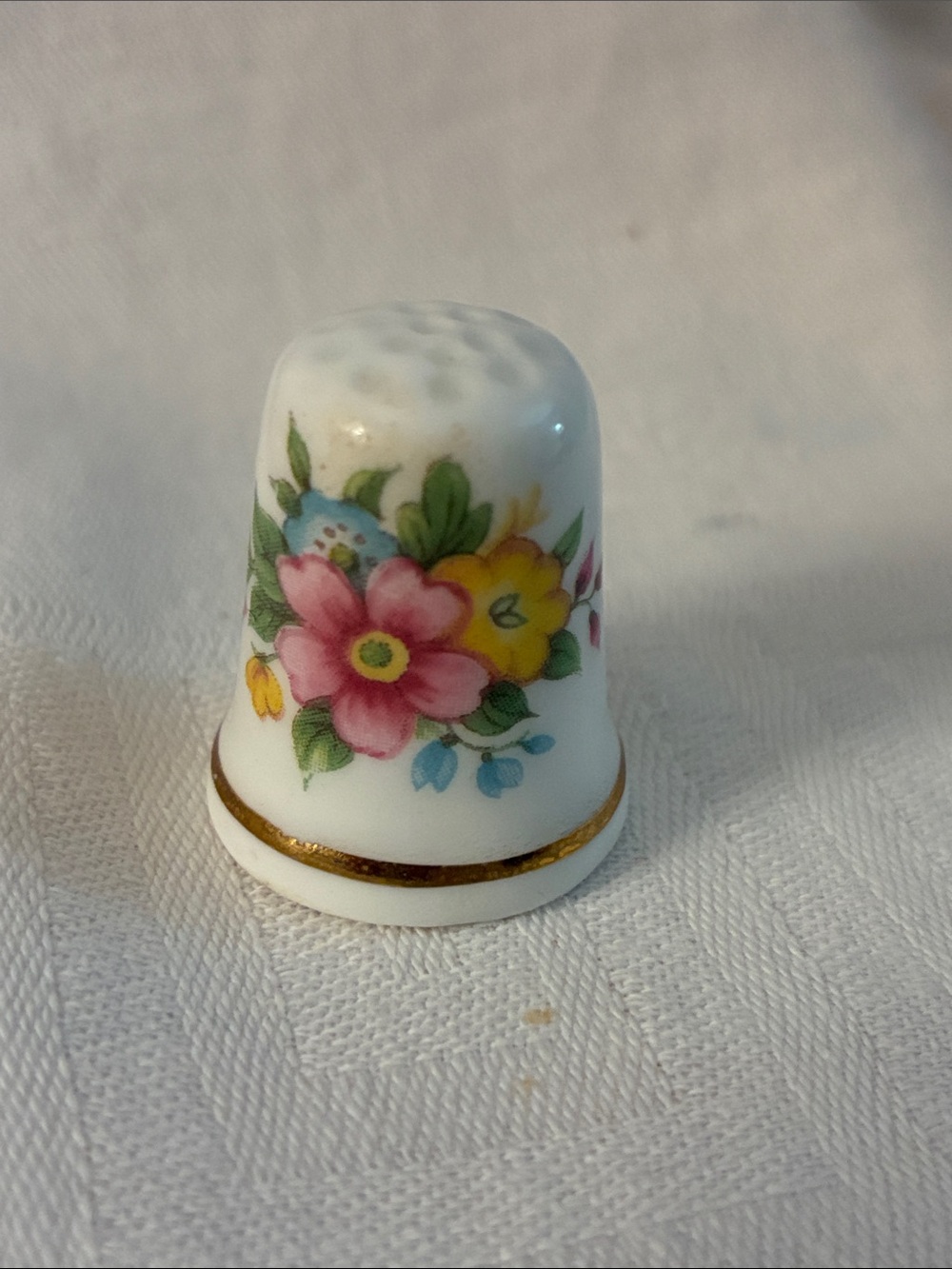 Countess Fine Bone China Floral Thimble with Gold Trim England Pink Yellow blue